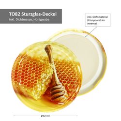 TO-82-Deckelmotive-Honigwabe-Bemassung.jpg 12er Set Rundglas 1062 ml Carino To 82 Deckel mit Honigwabe incl. Diamant Gelierzauber Rezeptheft_Bild_4