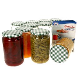 12erSet720GlaeserGruenKarriert.jpg 12er Set Rundglas 720 ml To 82 grün karierter Deckel incl. Diamant Gelierzauber Rezeptheft_Bild_1