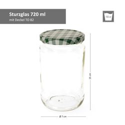 720er-Sturz-Bemassung-Gruen-Weiss-kariert.jpg 12er Set Rundglas 720 ml To 82 grün karierter Deckel incl. Diamant Gelierzauber Rezeptheft_Bild_3