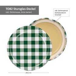 TO-82-Deckelmotive-Gruen-kariert-Bemassung.jpg 12er Set Rundglas 720 ml To 82 grün karierter Deckel incl. Diamant Gelierzauber Rezeptheft_Bild_4
