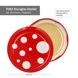 TO-82-Deckelmotive-Fliegenpilz-Bemassung.jpg 12er Set Rundglas 720 ml To 82 Fliegenpilz Deckel incl. Diamant Gelierzauber Rezeptheft_Bild_3