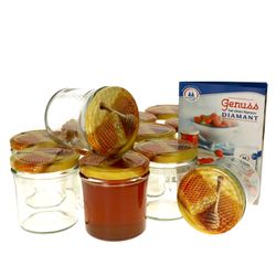 Honig-Glaeser-350-12erSet.jpg 12er Set Sturzglas 350 ml Carino To 82 Deckel mit Honigwabe incl. Diamant Gelierzauber Rezeptheft_Bild_1