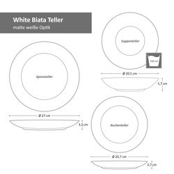 06-24327157-HIT-White-Biata-alle-Teller-Bemassung.jpg 18tlg. Tellerset White Biata für 6 Personen weiß matt Steingut_Bild_6