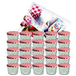 rot-25-1.jpg 25er Set Sturzglas 230 ml Marmeladenglas Einmachglas Einweckglas To 82 rot karierter Deckel incl. Diamant-Zucker Gelierzauber Rezeptheft_Bild_3
