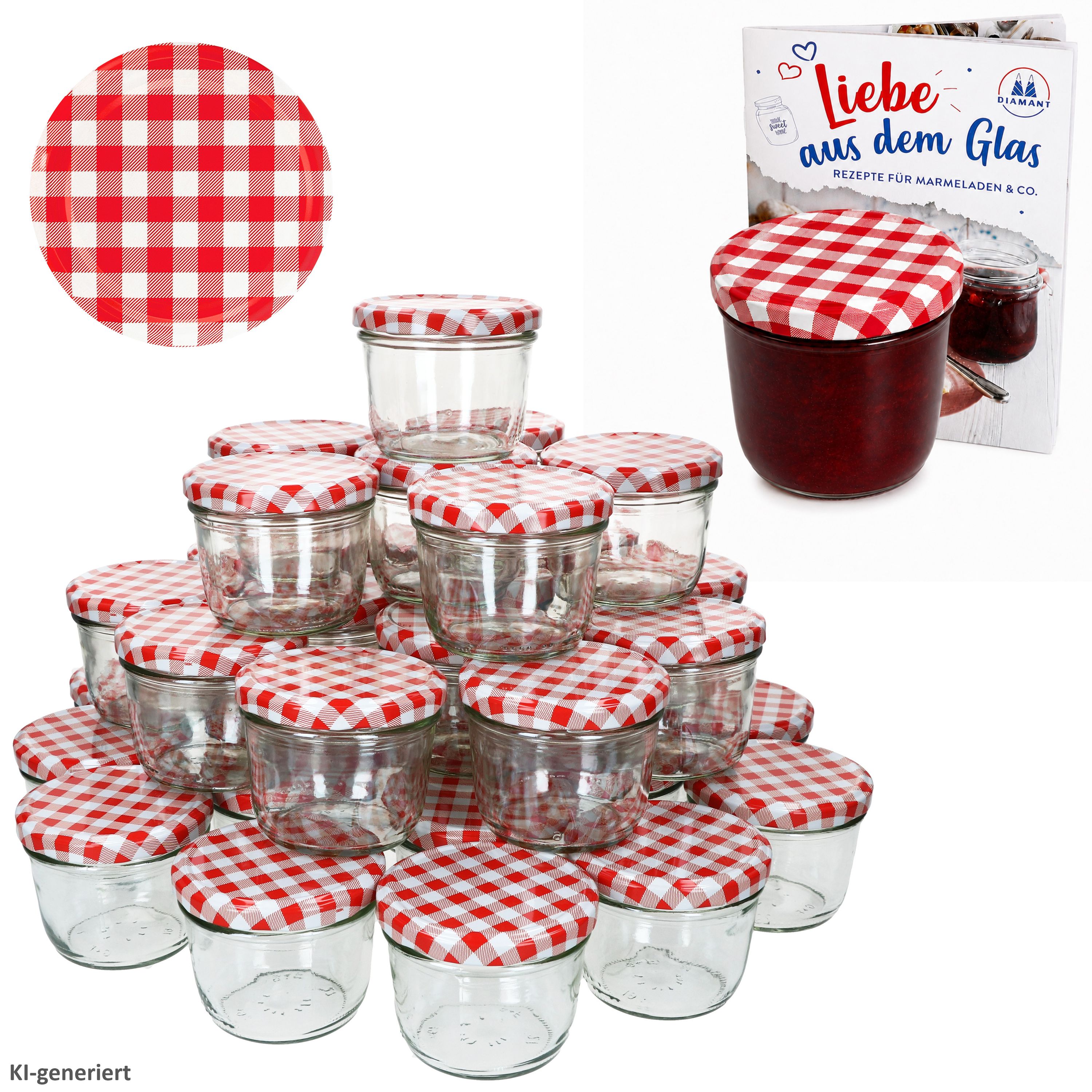 100er Set Sturzglas 230 ml Marmeladenglas Einmachglas Einweckglas To 82 rot karierter Deckel incl. Diamant-Zucker Gelierzauber Rezeptheft
