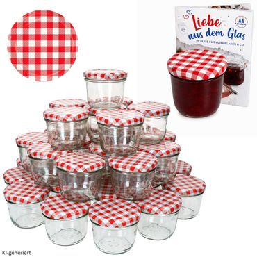 100er Set Sturzglas 230 ml Marmeladenglas Einmachglas Einweckglas To 82 rot karierter Deckel incl. Diamant-Zucker Gelierzauber Rezeptheft