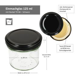 06-Sturz-TO-66-125ml-Schwarz-Bemassung.jpg 25er Set Sturzglas 125 ml Marmeladenglas Einmachglas Einweckglas To 66 schwarzer Deckel incl. Diamant-Zucker Gelierzauber Rezeptheft_Bild_6
