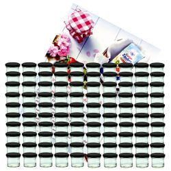 sturzglas-125-ml-schwarz-100-gelier.jpg 100er Set Sturzglas 125 ml Marmeladenglas Einmachglas Einweckglas To 66 schwarzer Deckel incl. Diamant-Zucker Gelierzauber Rezeptheft_Bild_1