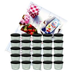 sturzglas-230-ml-schwarz-25-gelier.jpg 25er Set Sturzglas 230 ml Marmeladenglas Einmachglas Einweckglas To 82 schwarzer Deckel incl. Diamant-Zucker Gelierzauber Rezeptheft_Bild_1
