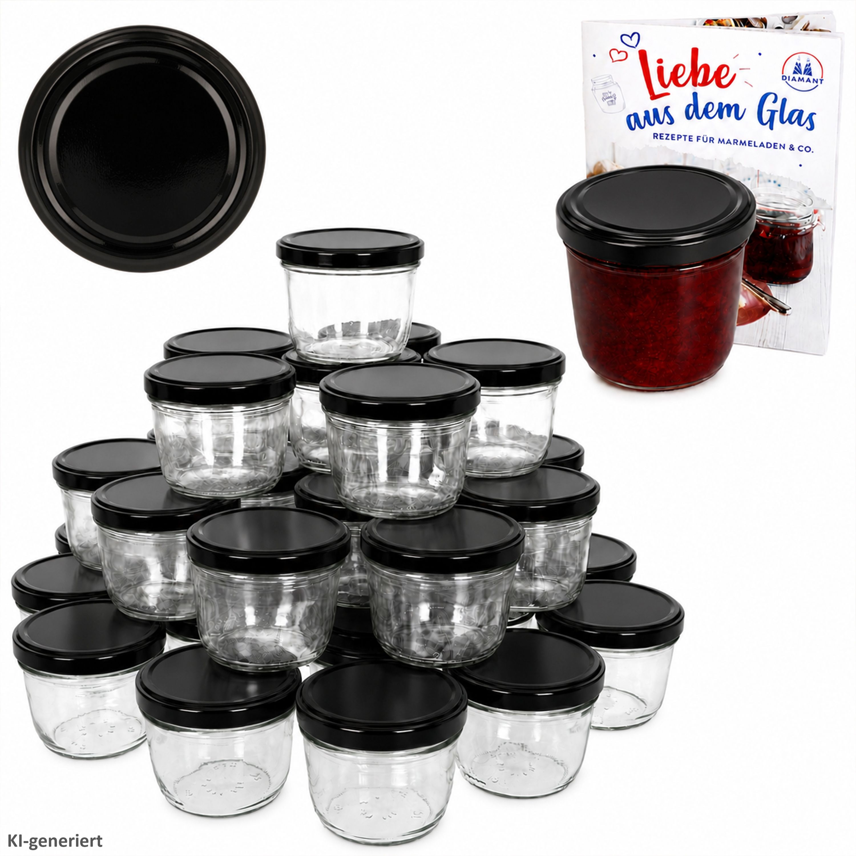 100er Set Sturzglas 230 ml Marmeladenglas Einmachglas Einweckglas To 82 schwarzer Deckel incl. Diamant-Zucker Gelierzauber Rezeptheft*****Vorpackplatz: REIHE X ///PLATZ 29