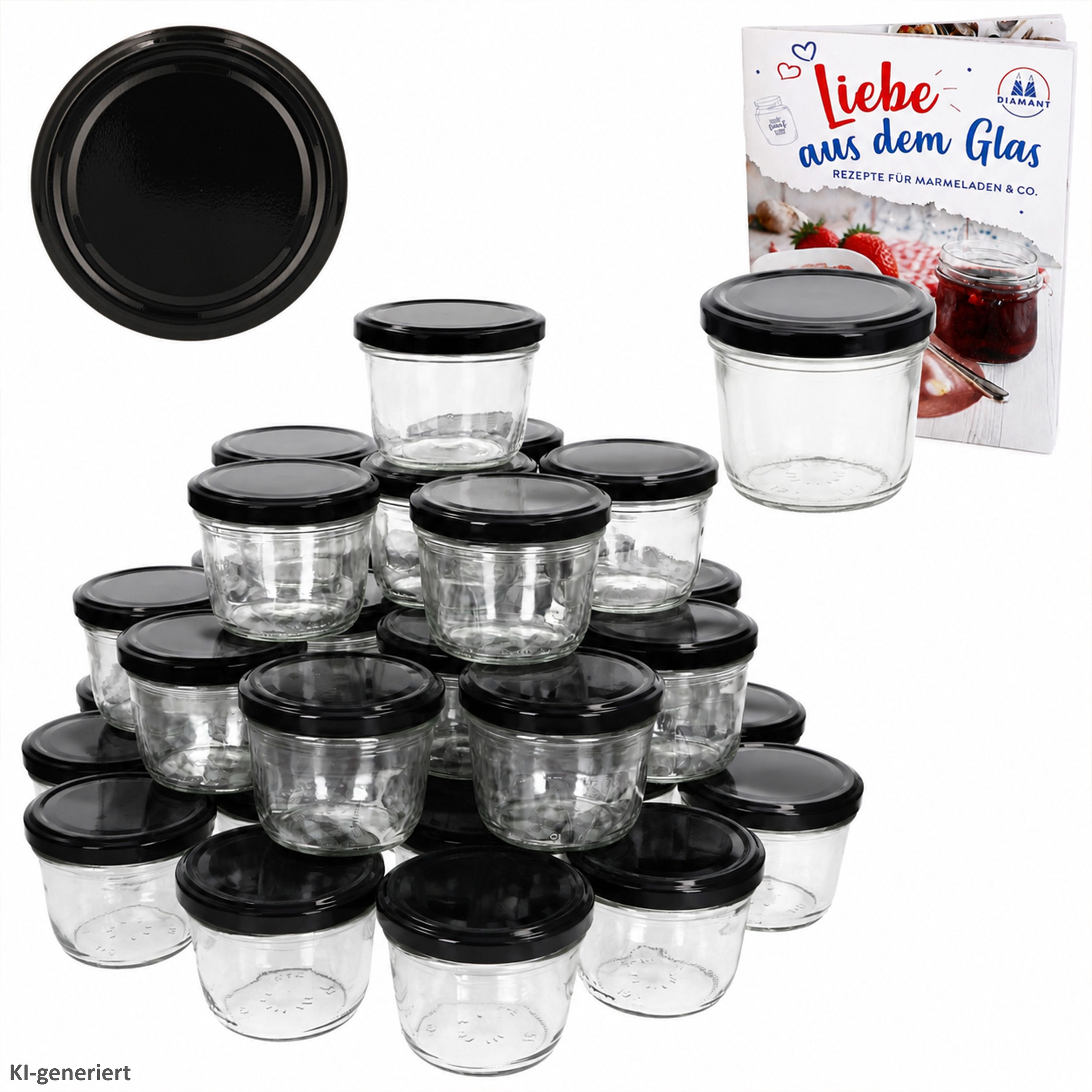 100er Set Sturzglas 230 ml Marmeladenglas Einmachglas Einweckglas To 82 schwarzer Deckel incl. Diamant-Zucker Gelierzauber Rezeptheft*****Vorpackplatz: REIHE X ///PLATZ 29