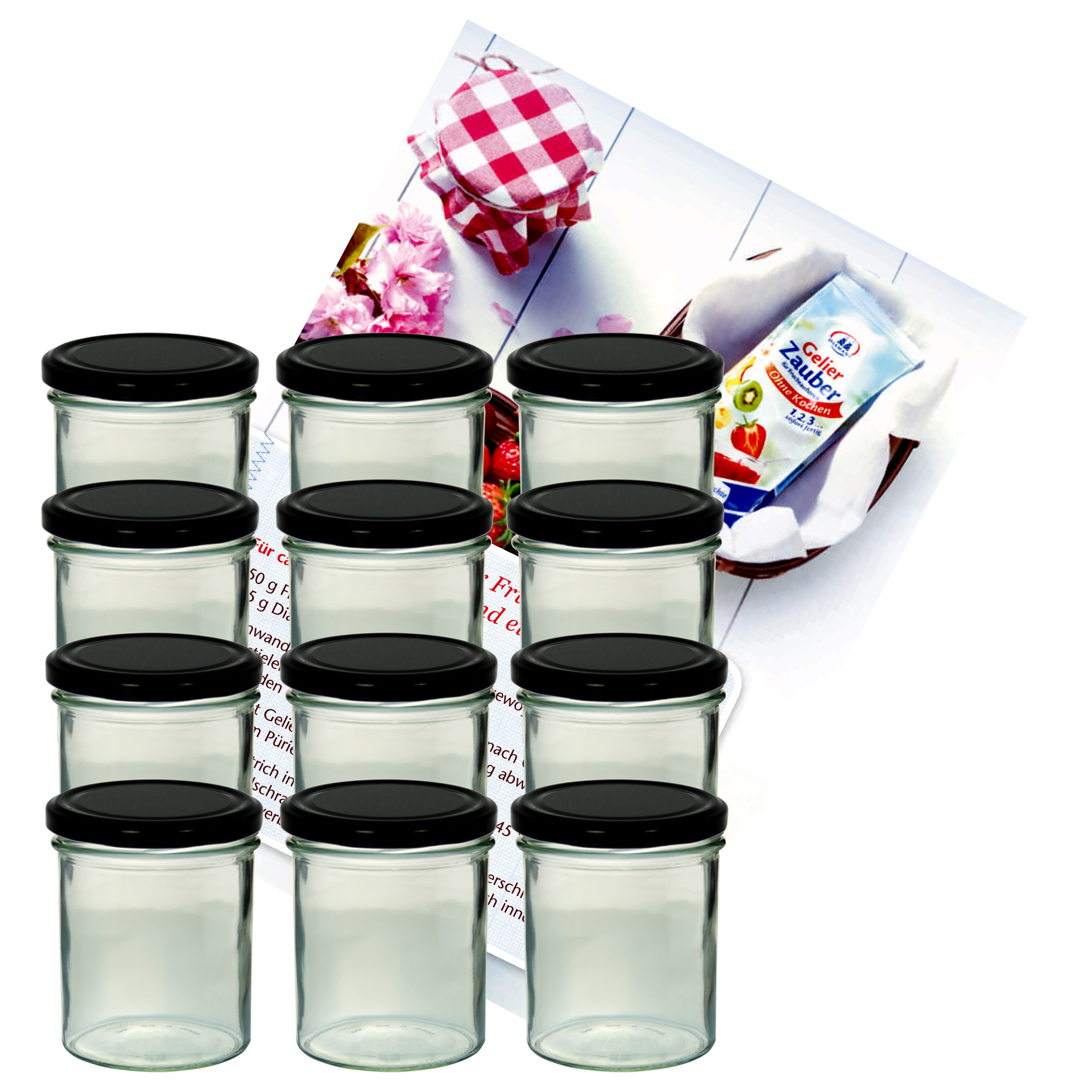 12er Set Sturzglas 350 ml Marmeladenglas Einmachglas Einweckglas To 82 schwarzer Deckel incl. Diamant-Zucker Gelierzauber Rezeptheft