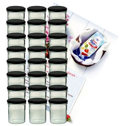 sturzglas-350-ml-schwarz-24-gelier.jpg 24er Set Sturzglas 350 ml Marmeladenglas Einmachglas Einweckglas To 82 schwarzer Deckel incl. Diamant-Zucker Gelierzauber Rezeptheft_Bild_1