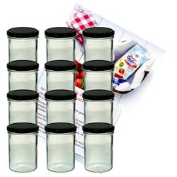 sturzglas-435-ml-schwarz-12-gelier.jpg 12er Set Sturzglas 435 ml Marmeladenglas Einmachglas Einweckglas To 82 schwarzer Deckel incl. Diamant-Zucker Gelierzauber Rezeptheft_Bild_1