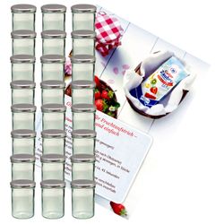 sturzglas-435-ml-silber-24-gelier.jpg 24er Set Sturzglas 435 ml Marmeladenglas Einmachglas Einweckglas To 82 silberner Deckel incl. Diamant-Zucker Gelierzauber Rezeptheft_Bild_1