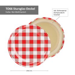 TO-66-Deckel-Bemassung-rot-weiss-kariert.jpg 50er Set Deckel To 66 rot kariert passend für 125ml Gläser incl. Diamant-Zucker Gelierzauber Rezeptheft_Bild_2