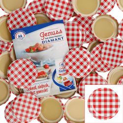 sturz-deckel-TO66-rot-kariert-50er-set-mit-heft.jpg 50er Set Deckel To 66 rot kariert passend für 125ml Gläser incl. Diamant-Zucker Gelierzauber Rezeptheft_Bild_1