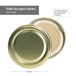 TO-66-Deckel-Bemassung-gold.jpg 50er Set Deckel To 66 uni gold passend für 125ml Gläser incl. Diamant-Zucker Gelierzauber Rezeptheft_Bild_2