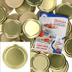 sturz-deckel-gold-50er-set-mit-heft.jpg 50er Set Deckel To 82 uni gold passend für 230ml / 350ml / 435ml Gläser incl. Diamant-Zucker Gelierzauber Rezeptheft_Bild_2