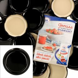 sturz-deckel-schwarz-50er-set-mit-heft.jpg 50er Set Deckel To 82 schwarz passend für 230ml / 350ml / 435ml Gläser incl. Diamant-Zucker Gelierzauber Rezeptheft_Bild_1