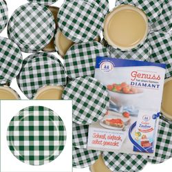 sturz-deckel-gruen-kariert-50er-set-mit-heft.jpg 50er Set Deckel To 82 grün kariert passend für 230ml / 350ml / 435ml Gläser incl. Diamant-Zucker Gelierzauber Rezeptheft_Bild_1