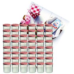 sturzglas-350-ml-rot-gelier-48.jpg 48er Set Sturzglas 350 ml Marmeladenglas Einmachglas Einweckglas To 82 rot karierter Deckel incl. Diamant-Zucker Gelierzauber Rezeptheft_Bild_1