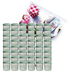 sturzglas-350-ml-gruen-gelier-48.jpg 48er Set Sturzglas 350 ml Marmeladenglas Einmachglas Einweckglas To 82 grün karierter Deckel incl. Diamant-Zucker Gelierzauber Rezeptheft_Bild_1
