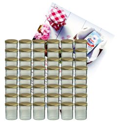 sturzglas-350-ml-gold-gelier-48.jpg 48er Set Sturzglas 350 ml Marmeladenglas Einmachglas Einweckglas To 82 goldener Deckel incl. Diamant-Zucker Gelierzauber Rezeptheft_Bild_1
