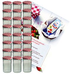 sturzglas-435-ml-rot-gelier-24.jpg 24er Set Sturzglas 435 ml Marmeladenglas Einmachglas Einweckglas To 82 rot karierter Deckel incl. Diamant-Zucker Gelierzauber Rezeptheft_Bild_1