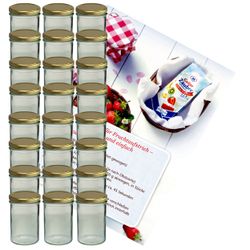 sturzglas-435-ml-gold-gelier-24.jpg 24er Set Sturzglas 435 ml Marmeladenglas Einmachglas Einweckglas To 82 goldener Deckel incl. Diamant-Zucker Gelierzauber Rezeptheft_Bild_1