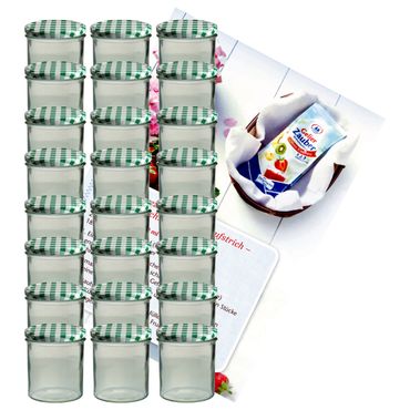 24er Set Sturzglas 350 ml Marmeladenglas Einmachglas Einweckglas To 82 grün karierter Deckel incl. Diamant-Zucker Gelierzauber Rezeptheft_Bild_1