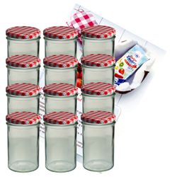 sturzglas-435-ml-rot-gelier-12.jpg 12er Set Sturzglas 435 ml Marmeladenglas Einmachglas Einweckglas To 82 rot karierter Deckel incl. Diamant-Zucker Gelierzauber Rezeptheft_Bild_1