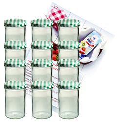 sturzglas-435-ml-gruen-gelier-12.jpg 12er Set Sturzglas 435 ml Marmeladenglas Einmachglas Einweckglas To 82 grün karierter Deckel incl. Diamant-Zucker Gelierzauber Rezeptheft_Bild_1