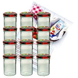 sturzglas-435-ml-obst-2-12-gelier.jpg 12er Set Sturzglas 435 ml Marmeladenglas Einmachglas Einweckglas To 82 Obst Deckel incl. Diamant-Zucker Gelierzauber Rezeptheft_Bild_2