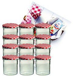 sturzglas-350-ml-rot-gelier-12.jpg 12er Set Sturzglas 350 ml Marmeladenglas Einmachglas Einweckglas To 82 rot karierter Deckel incl. Diamant-Zucker Gelierzauber Rezeptheft_Bild_1