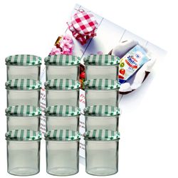 sturzglas-350-ml-gruen-gelier-12.jpg 12er Set Sturzglas 350 ml Marmeladenglas Einmachglas Einweckglas To 82 grün karierter Deckel incl. Diamant-Zucker Gelierzauber Rezeptheft_Bild_1