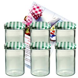sturzglas-435-ml-gruen-gelier-6.jpg 6er Set Sturzglas 435 ml Marmeladenglas Einmachglas Einweckglas To 82 grün karierter Deckel incl. Diamant-Zucker Gelierzauber Rezeptheft_Bild_2