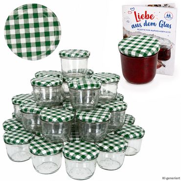 100er Set Sturzglas 230 ml Marmeladenglas Einmachglas Einweckglas To 82 grün karierter Deckel incl. Diamant-Zucker Gelierzauber Rezeptheft