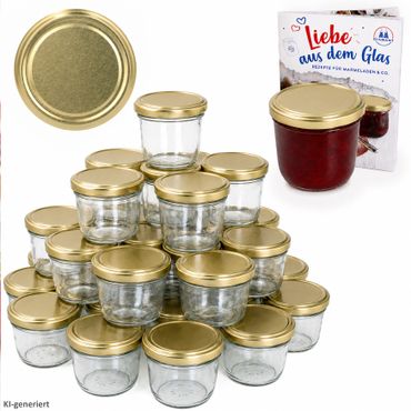 100er Set Sturzglas 230 ml Marmeladenglas Einmachglas Einweckglas To 82 goldener Deckel incl. Diamant-Zucker Gelierzauber Rezeptheft****Vorpackplatz: REIHE X///PLATZ 2