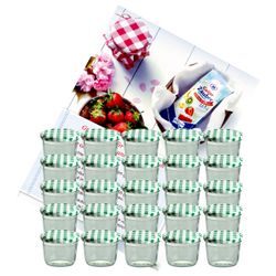 sturzglas-230-ml-gelier-gruen-25.jpg 25er Set Sturzglas 230 ml Marmeladenglas Einmachglas Einweckglas To 82 grün karierter Deckel incl. Diamant-Zucker Gelierzauber Rezeptheft_Bild_1