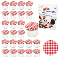 02-Sturz-TO-66-125ml-Rot-Weiss-kariert-25er-Set.jpg 25er Set Sturzglas 125 ml Marmeladenglas Einmachglas Einweckglas To 66 rot karierter Deckel incl. Diamant-Zucker Gelierzauber Rezeptheft_Bild_2