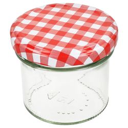 04-Sturz-TO-66-125ml-Rot-Weiss-kariert-Einzeln-leer-schraeg.jpg 25er Set Sturzglas 125 ml Marmeladenglas Einmachglas Einweckglas To 66 rot karierter Deckel incl. Diamant-Zucker Gelierzauber Rezeptheft_Bild_4