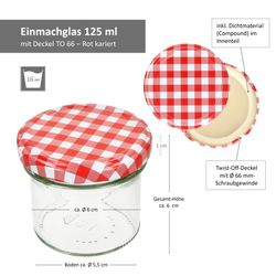 06-Sturz-TO-66-125ml-Rot-Weiss-kariert-Bemassung.jpg 25er Set Sturzglas 125 ml Marmeladenglas Einmachglas Einweckglas To 66 rot karierter Deckel incl. Diamant-Zucker Gelierzauber Rezeptheft_Bild_6