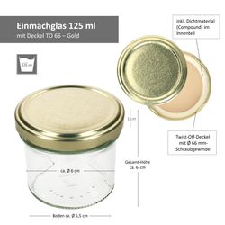 06-Sturz-TO-66-125ml-Gold-Bemassung.jpg 25er Set Sturzglas 125 ml Marmeladenglas Einmachglas Einweckglas To 66 goldener Deckel incl. Diamant-Zucker Gelierzauber Rezeptheft_Bild_6