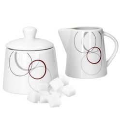 van-well-palazzo-zuckerdose-milchkanne-frontal-food.jpg 2tlg. Set Zuckerdose 28cl & Milchkännchen 23cl Palazzo mit Dekor-Kreisen in grau und dunkelrot_Bild_1
