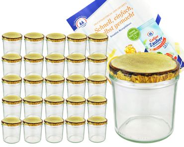 EOL### 25er Set Sturzglas 350 ml Marmeladenglas Einmachglas Einweckglas To 82 Holzdekor Deckel incl. Diamant-Zucker Gelierzauber Rezeptheft