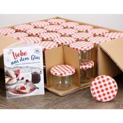 sturz-230-40erKarton-rot-kariert-NEU.jpg 40er Set Sturzglas 230 ml mit rot kariertem Deckel inkl. Diamant Gelierzauber Rezeptheft_Bild_6