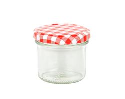 rotkariert.jpg 48er Set Sturzglas 125 ml To 66 rot karierter Deckel incl. Diamant Gelierzauber Rezeptheft_Bild_1