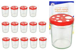 fliegenpilz.jpg 15er Set Sturzglas 435 ml To 82 Fliegenpilz Deckel rot weiß gepunktet incl. Diamant Gelierzauber Rezeptheft_Bild_1