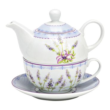Teekannen-Set mit Tasse Teller Porzellan Lavendel Design Teatime 3tlg
